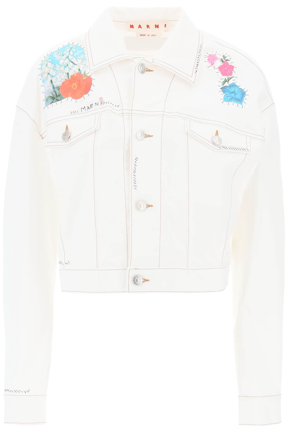 &quot;cropped denim jacket with flower patches and embroidery&quot;