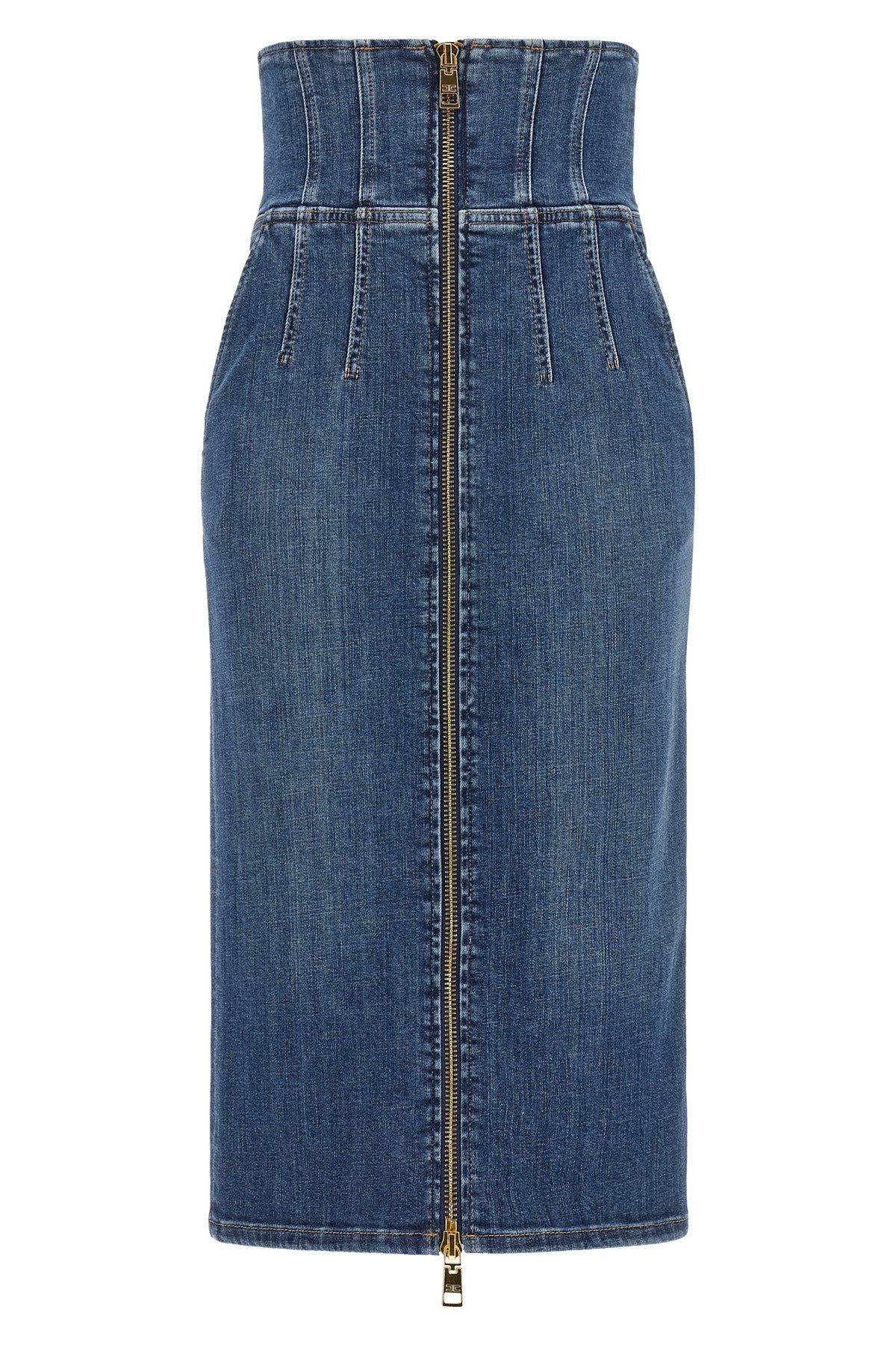 elisabetta franchi midi skirt in structured cotton denim redefines the silhouett