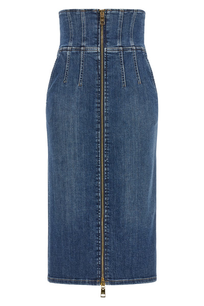 elisabetta franchi midi skirt in structured cotton denim redefines the silhouett