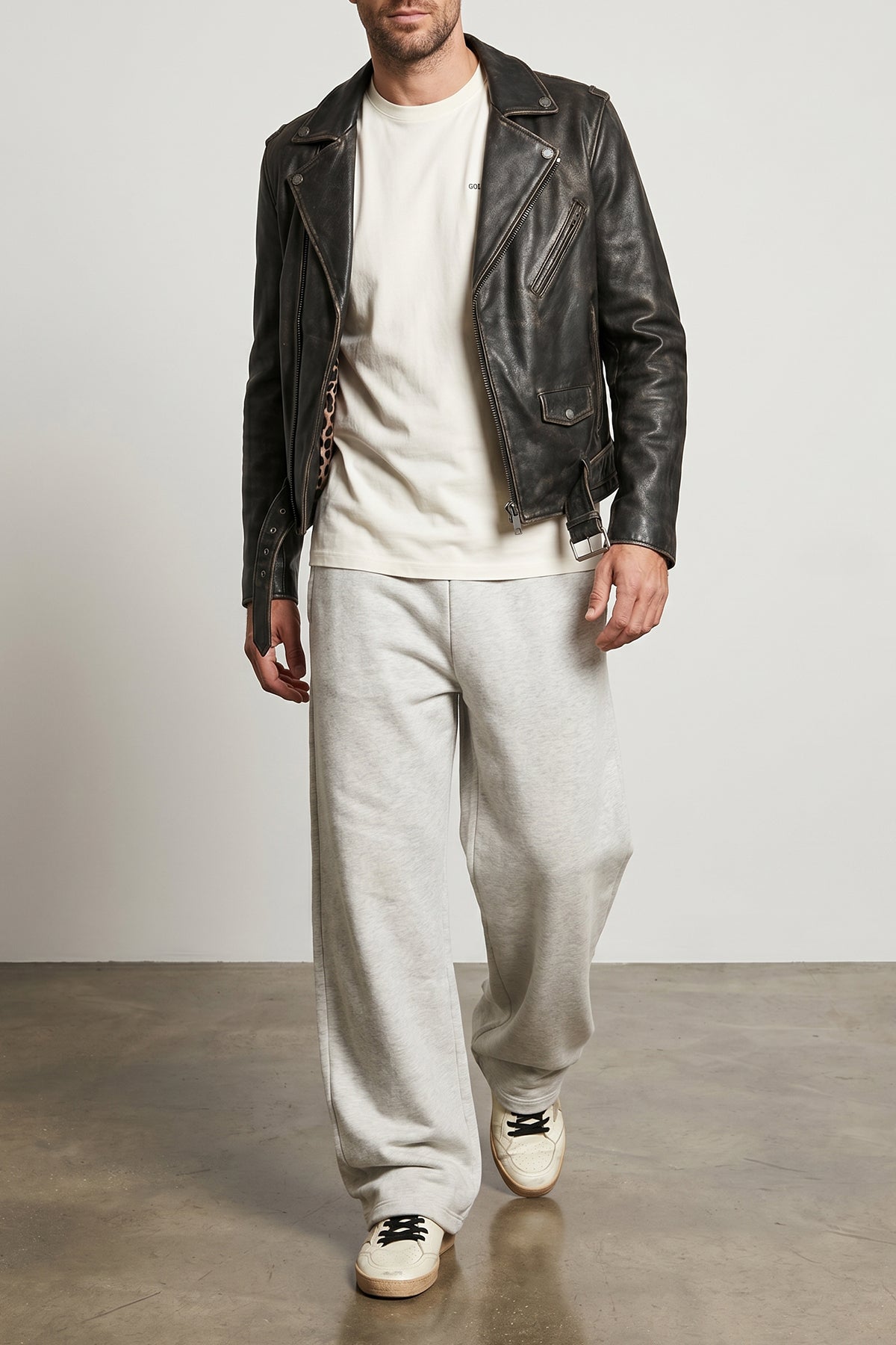 golden vintage effect leather biker jacket