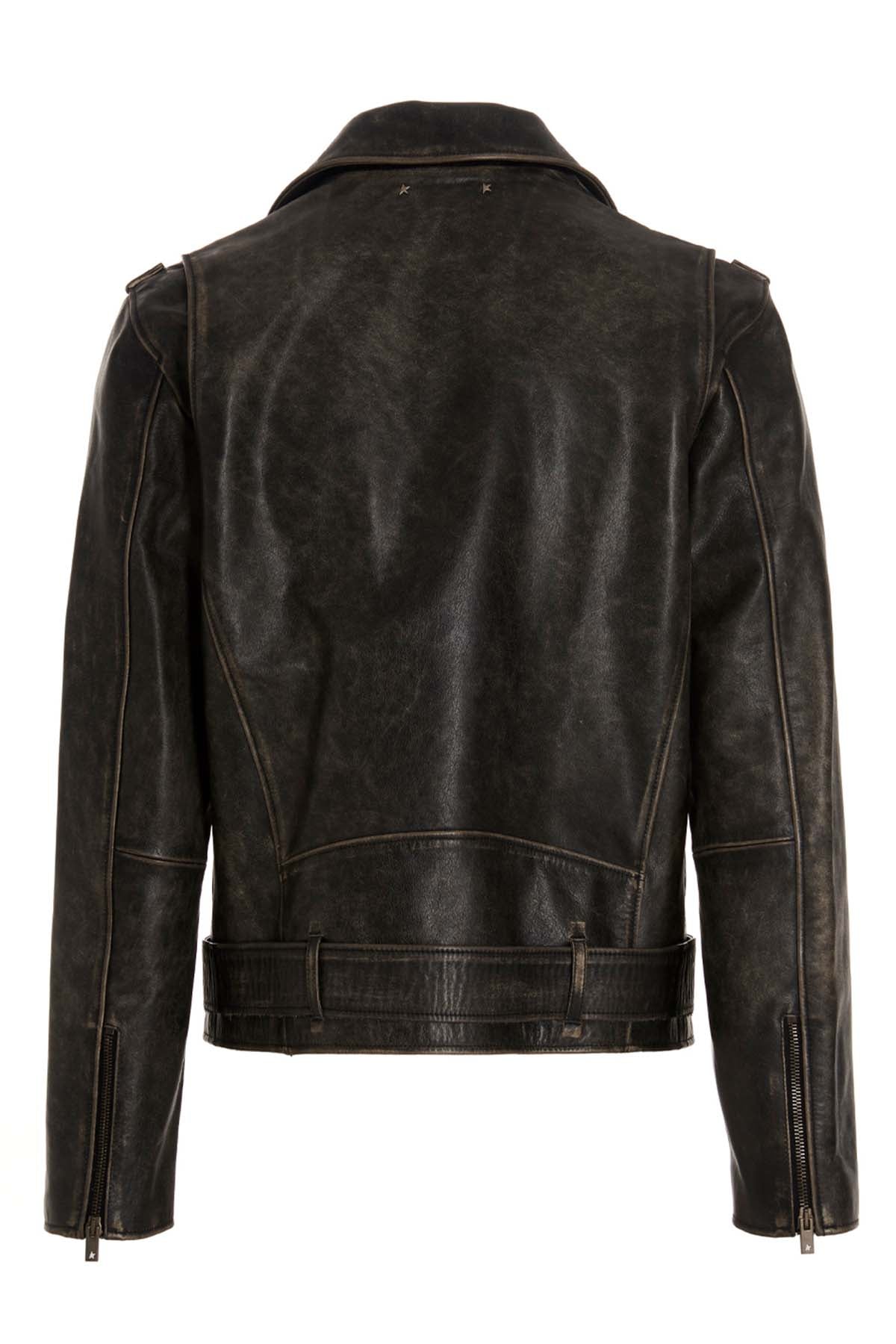 golden vintage effect leather biker jacket