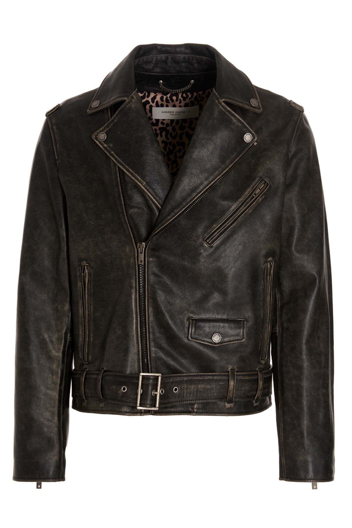 golden vintage effect leather biker jacket