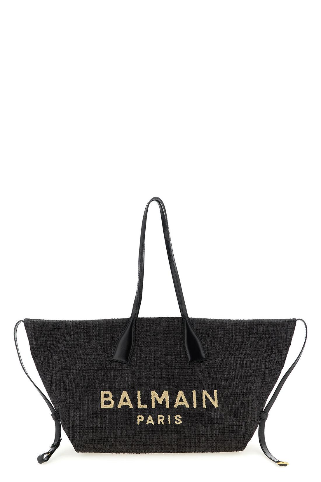 BALMAIN OS track calf and raffia leather shopping bag