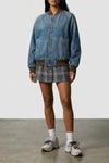 stone washed cotton denim bomber jacket
