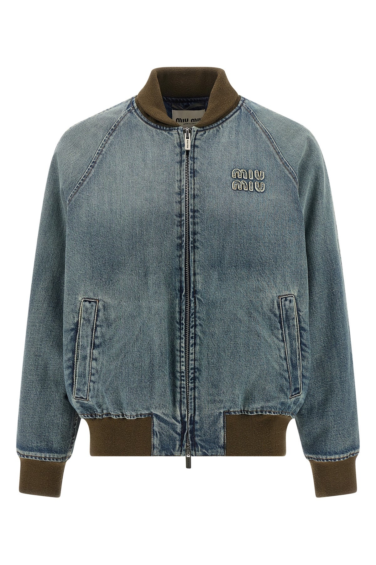 stone washed cotton denim bomber jacket