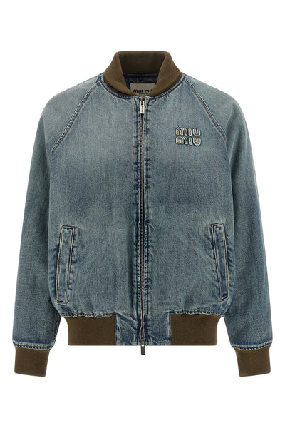 stone washed cotton denim bomber jacket