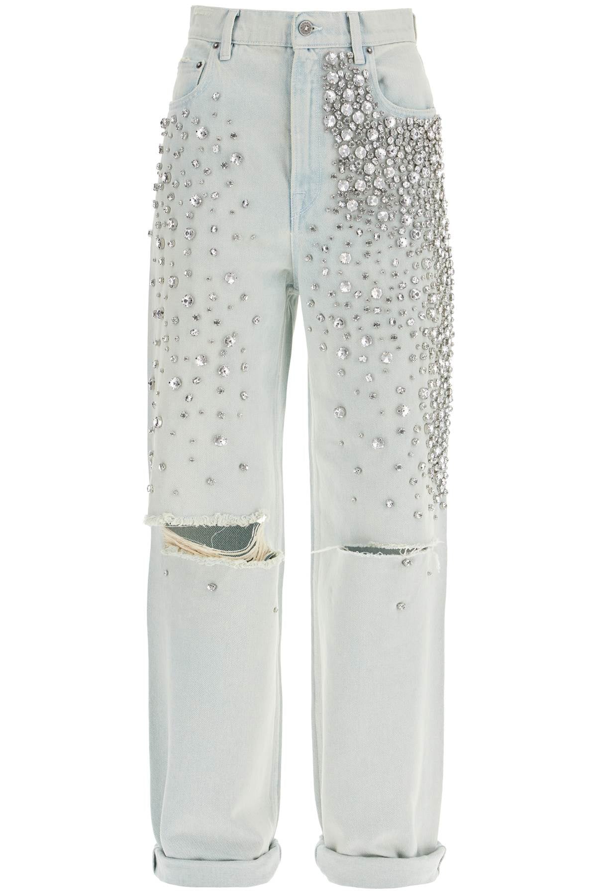 light blue cotton jeans with crystal stones