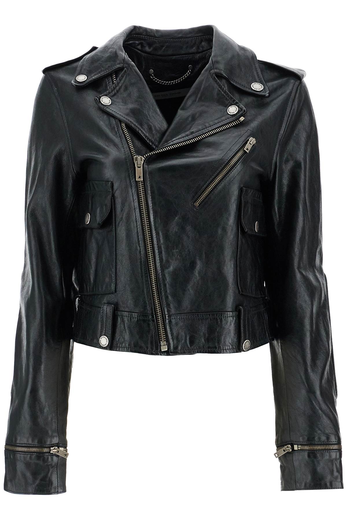 shiny black sheepskin biker jacket with sturdy zip