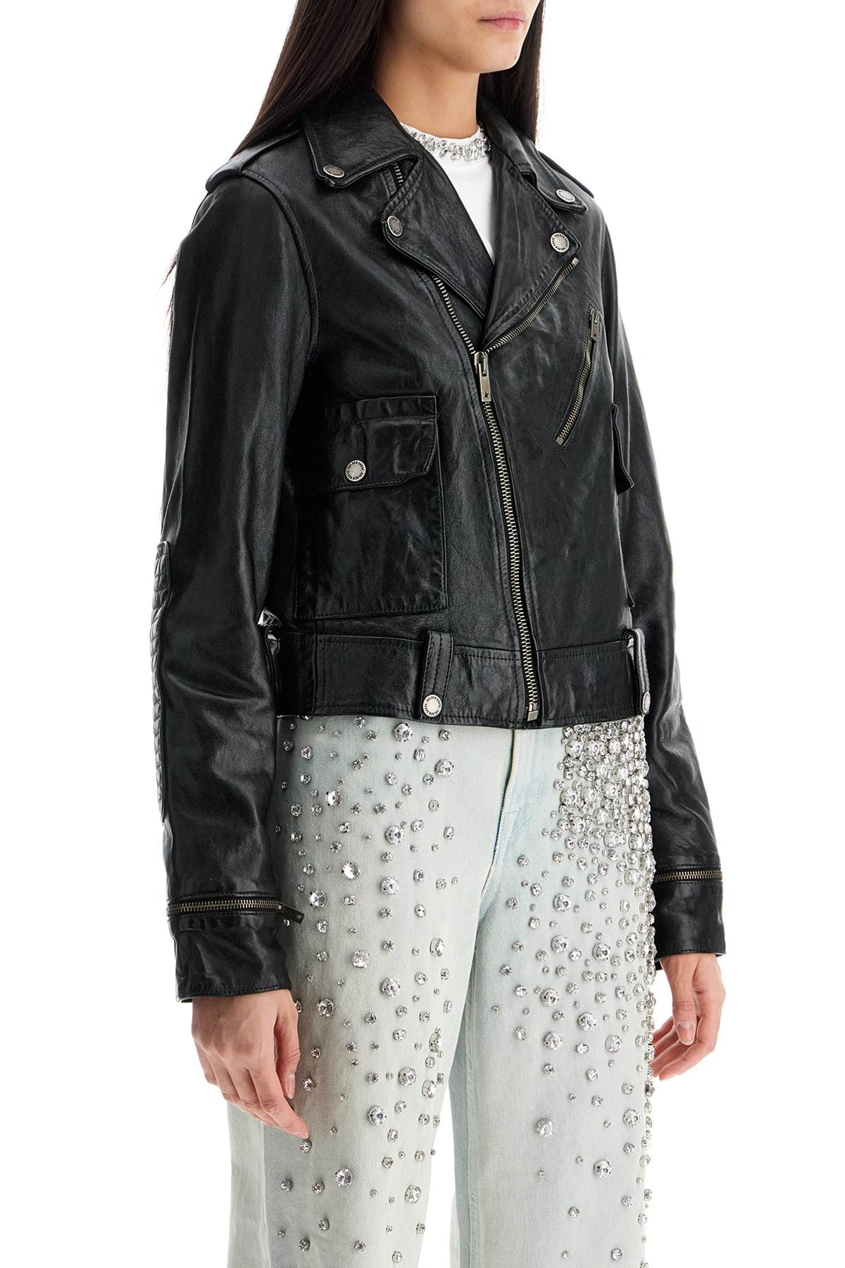 shiny black sheepskin biker jacket with sturdy zip