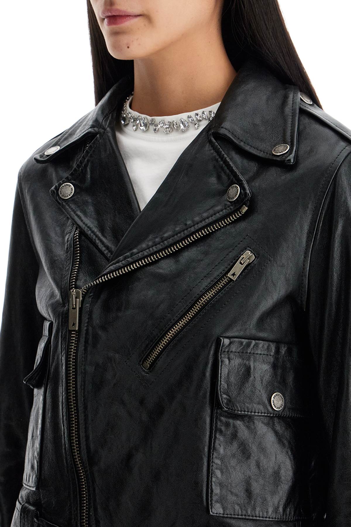 shiny black sheepskin biker jacket with sturdy zip