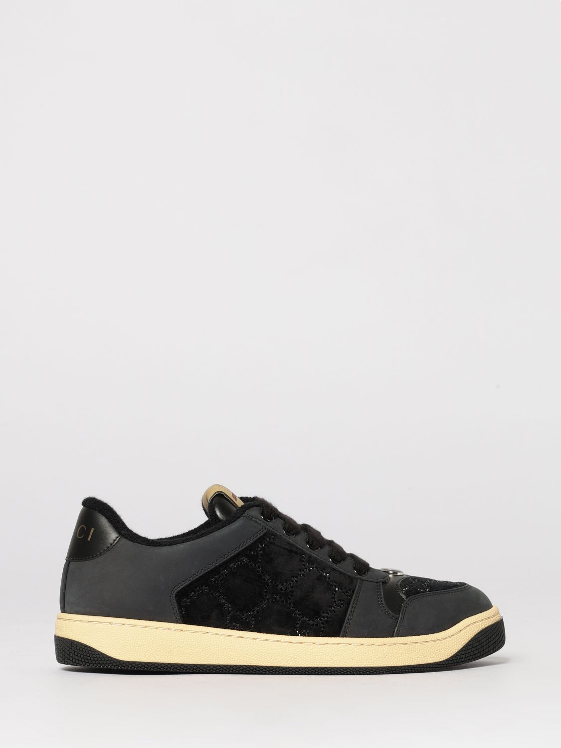 screener sneakers in leather and velvet with gg rhinestone monogram
