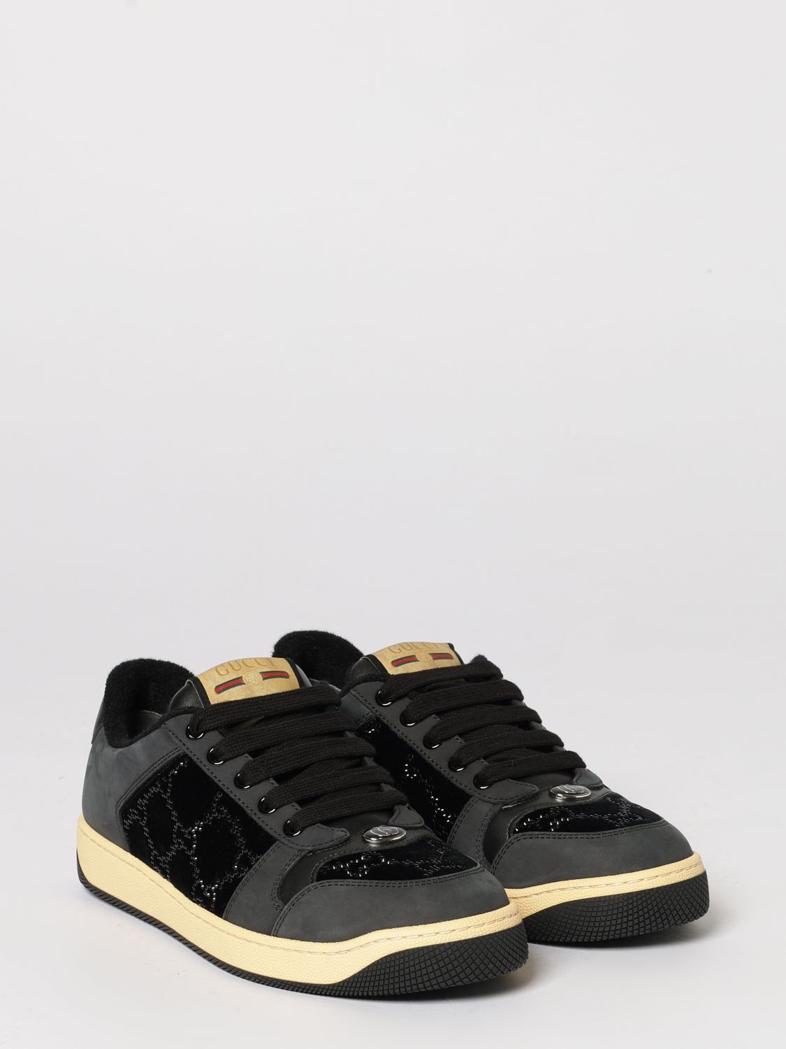screener sneakers in leather and velvet with gg rhinestone monogram