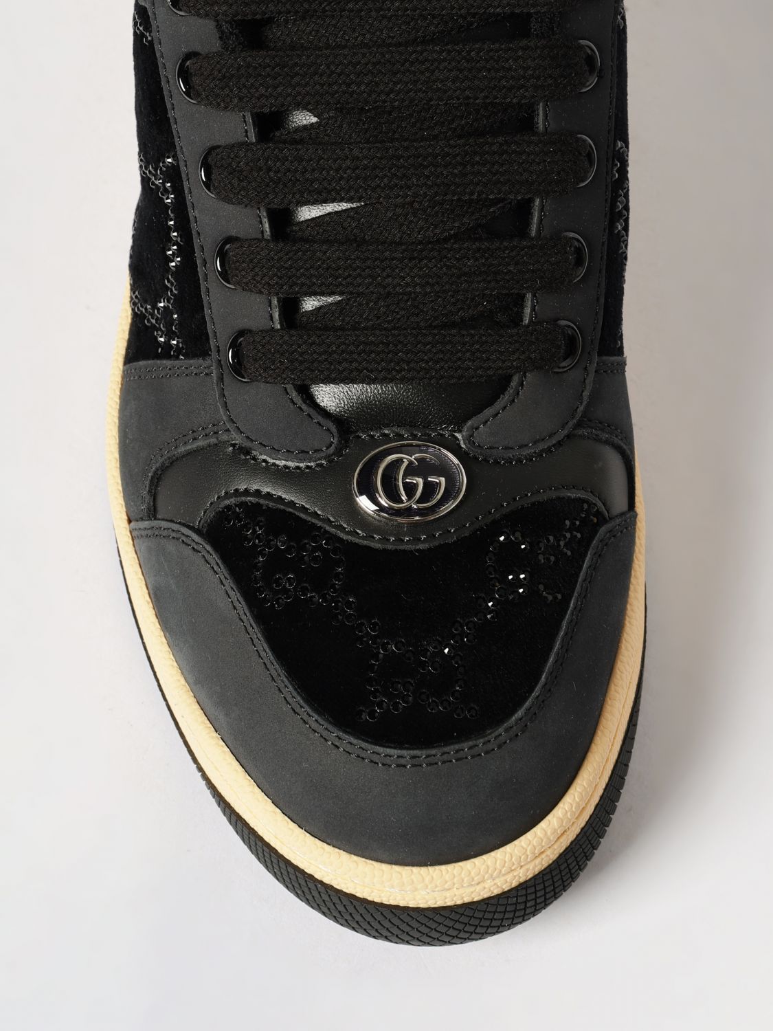 screener sneakers in leather and velvet with gg rhinestone monogram