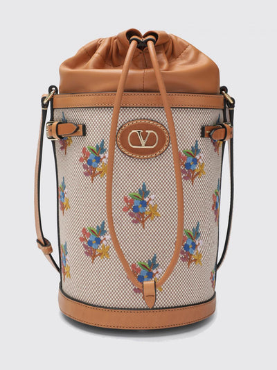 vlogo signature canvas bucket bag with jacquard flowers and leather