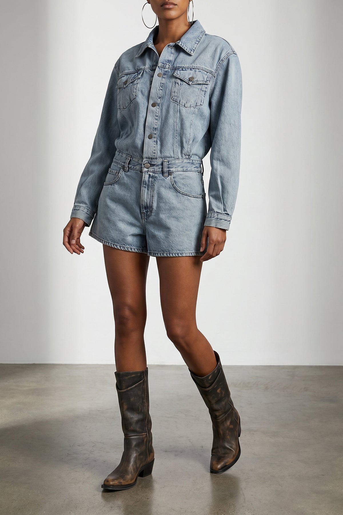 elle authentic lax short leg jumpsuit in cotton denim