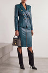 the balmain high-waisted midi skirt is made of fine lambskin in a deep petrol bl