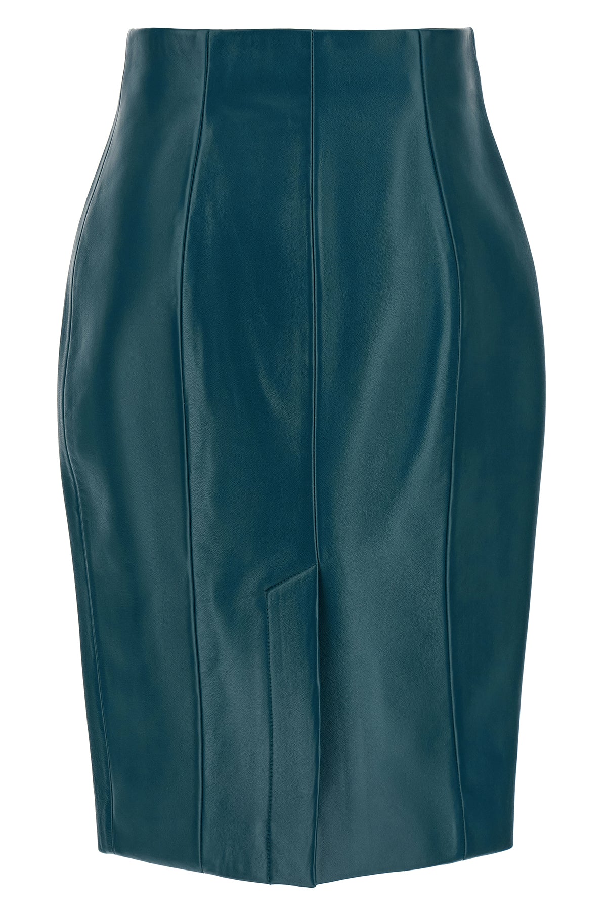 the balmain high-waisted midi skirt is made of fine lambskin in a deep petrol bl