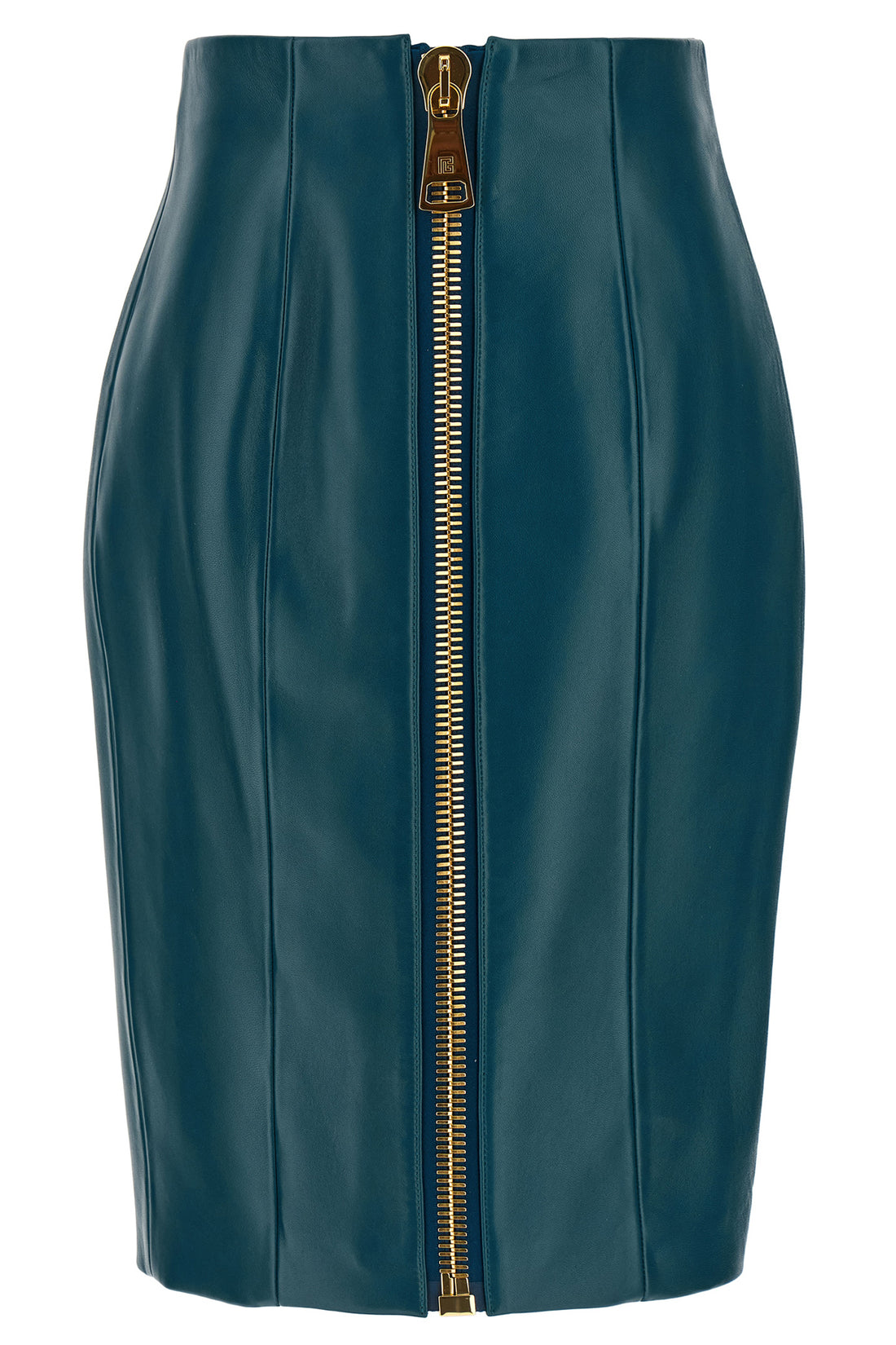 BALMAIN 34 the balmain high-waisted midi skirt is made of fine lambskin in a deep petrol bl