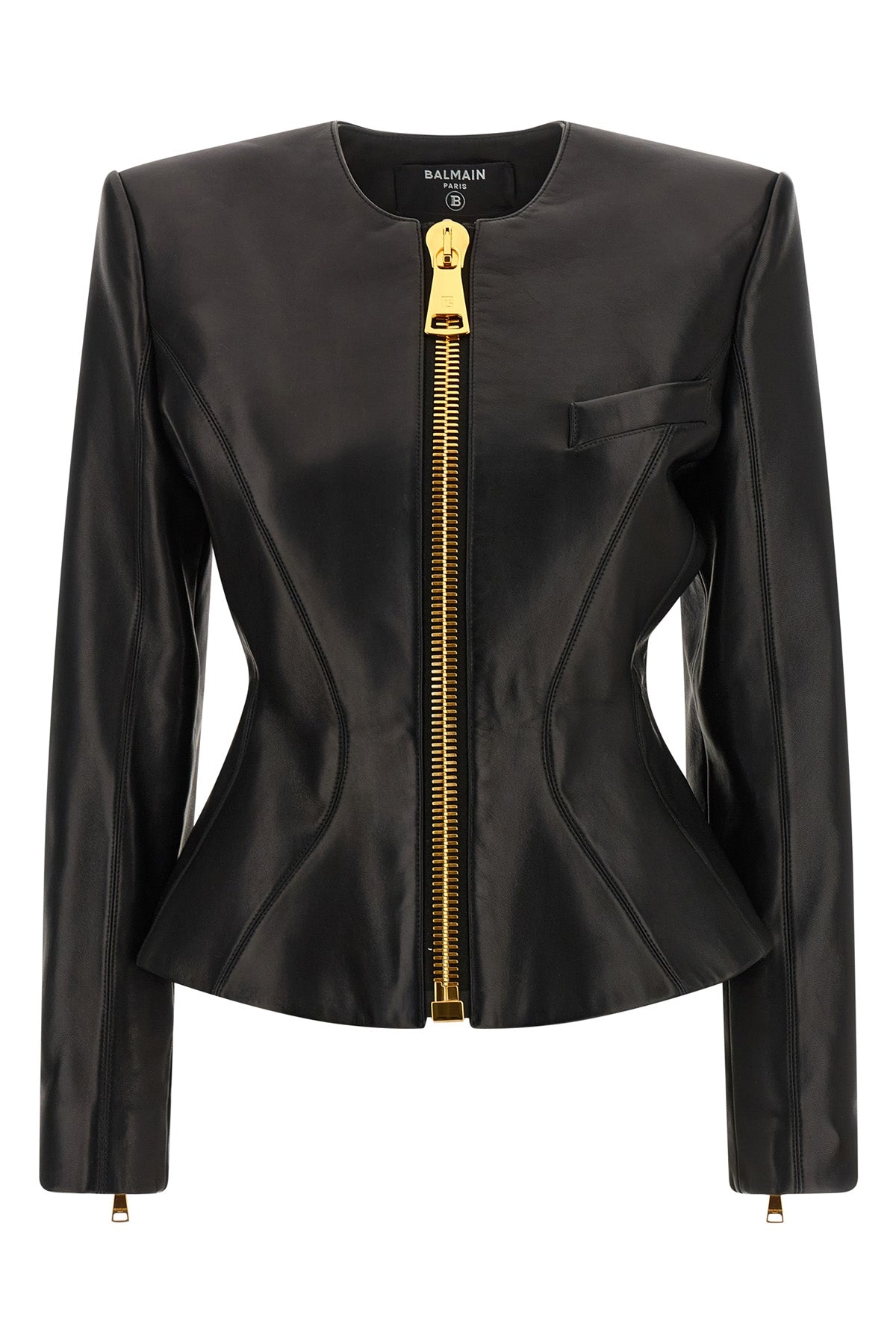 balmains basque jacket in pure lambskin defines a sculptural silhouette through