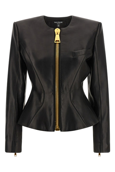 balmains basque jacket in pure lambskin defines a sculptural silhouette through