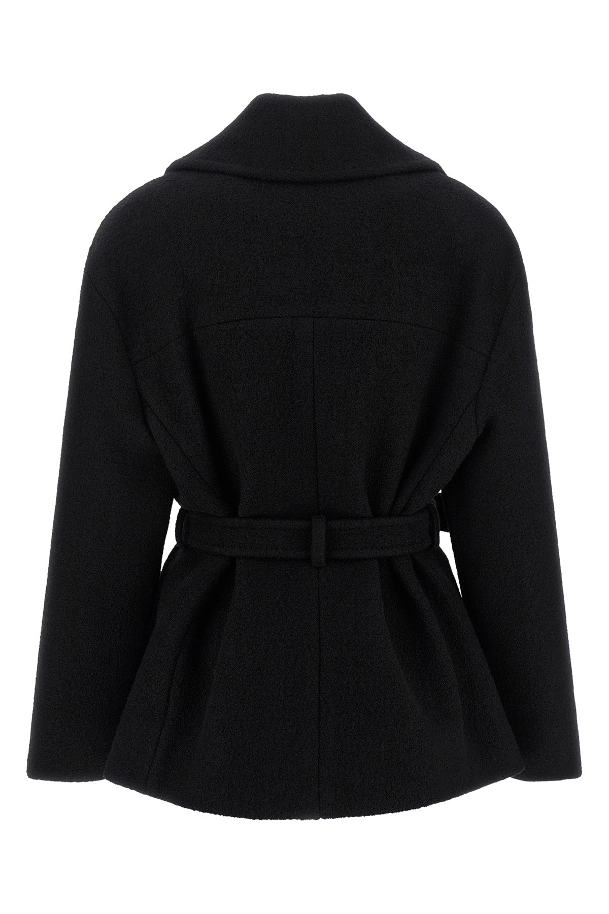 the balmain caban in black bouclette virgin wool blend is distinguished by a scr
