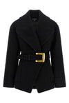 the balmain caban in black bouclette virgin wool blend is distinguished by a scr