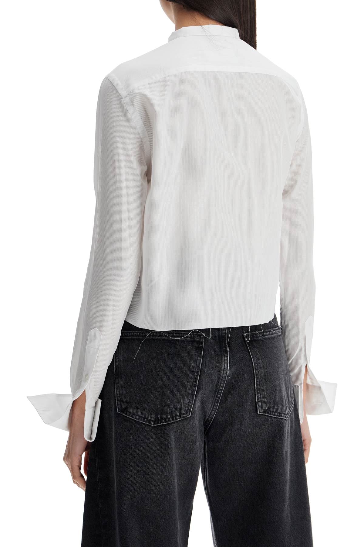 white cropped tuxedo shirt with wide neckline