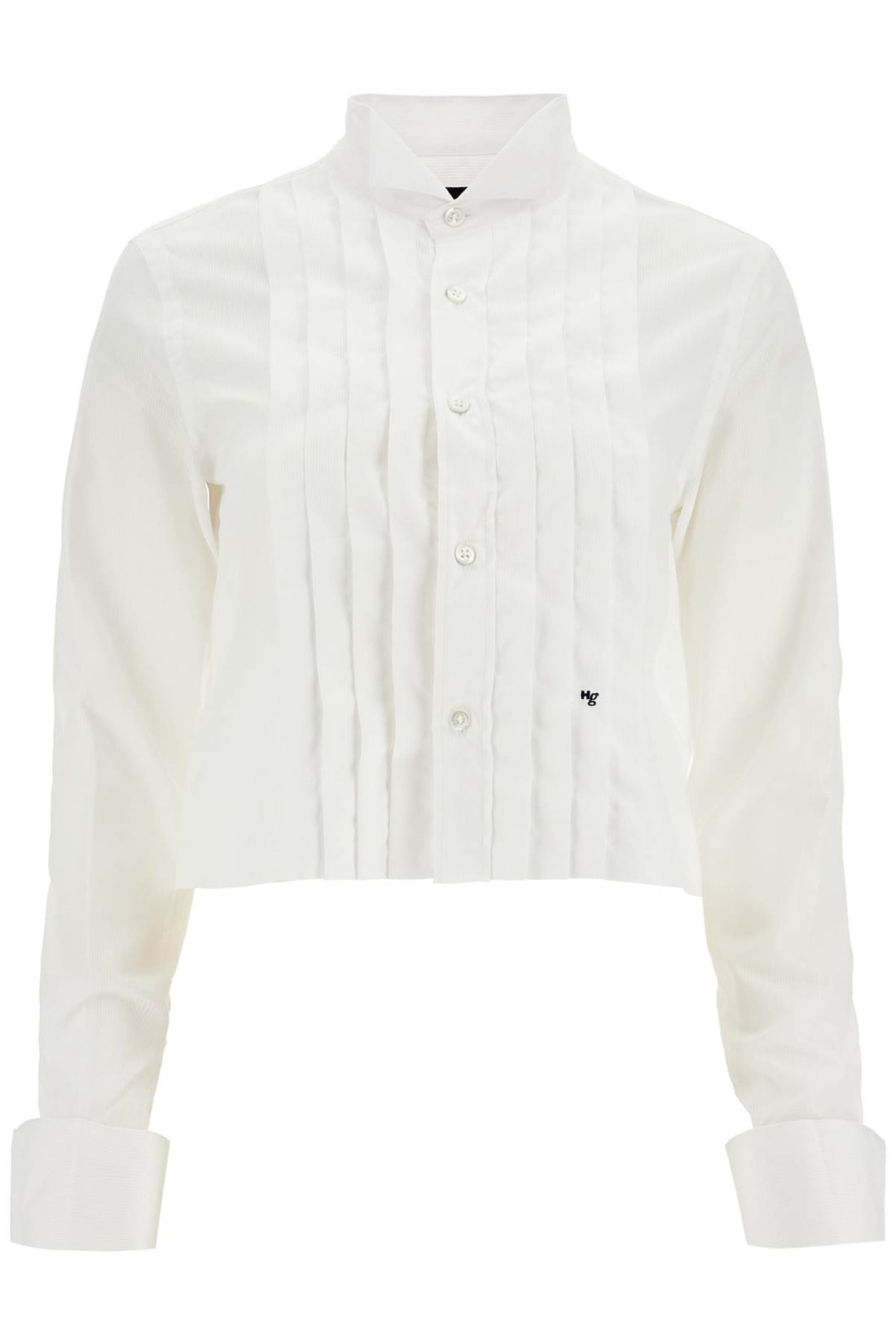 white cropped tuxedo shirt with wide neckline