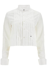 white cropped tuxedo shirt with wide neckline