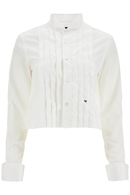 white cropped tuxedo shirt with wide neckline