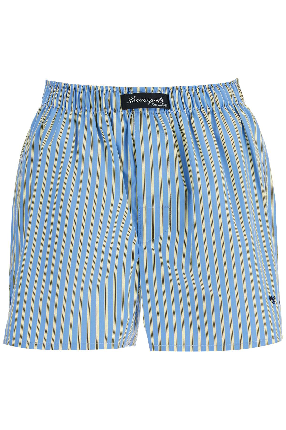 blue cotton boxer shorts with vertical yellow stripes