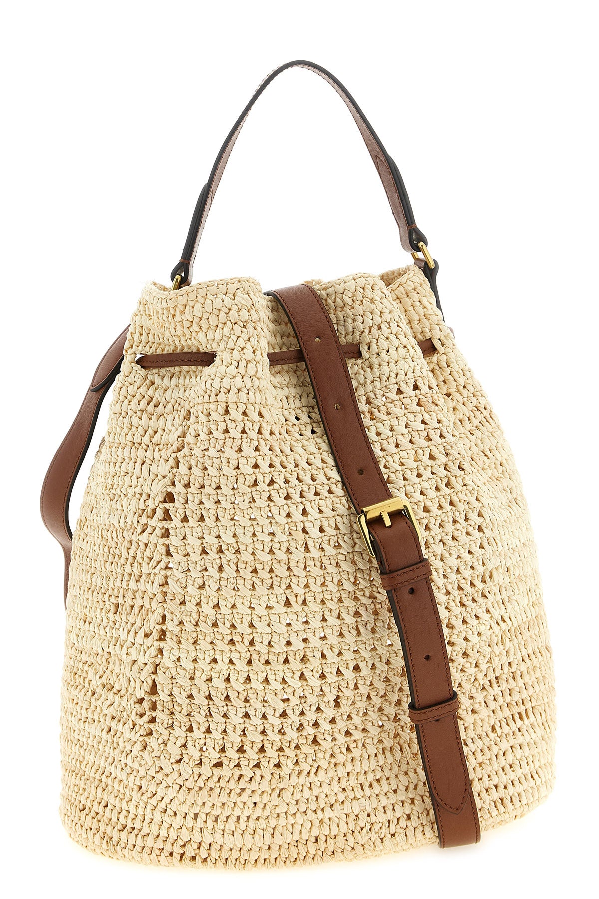 the mulberry bucket bag features a deconstructed silhouette made of crochet wove