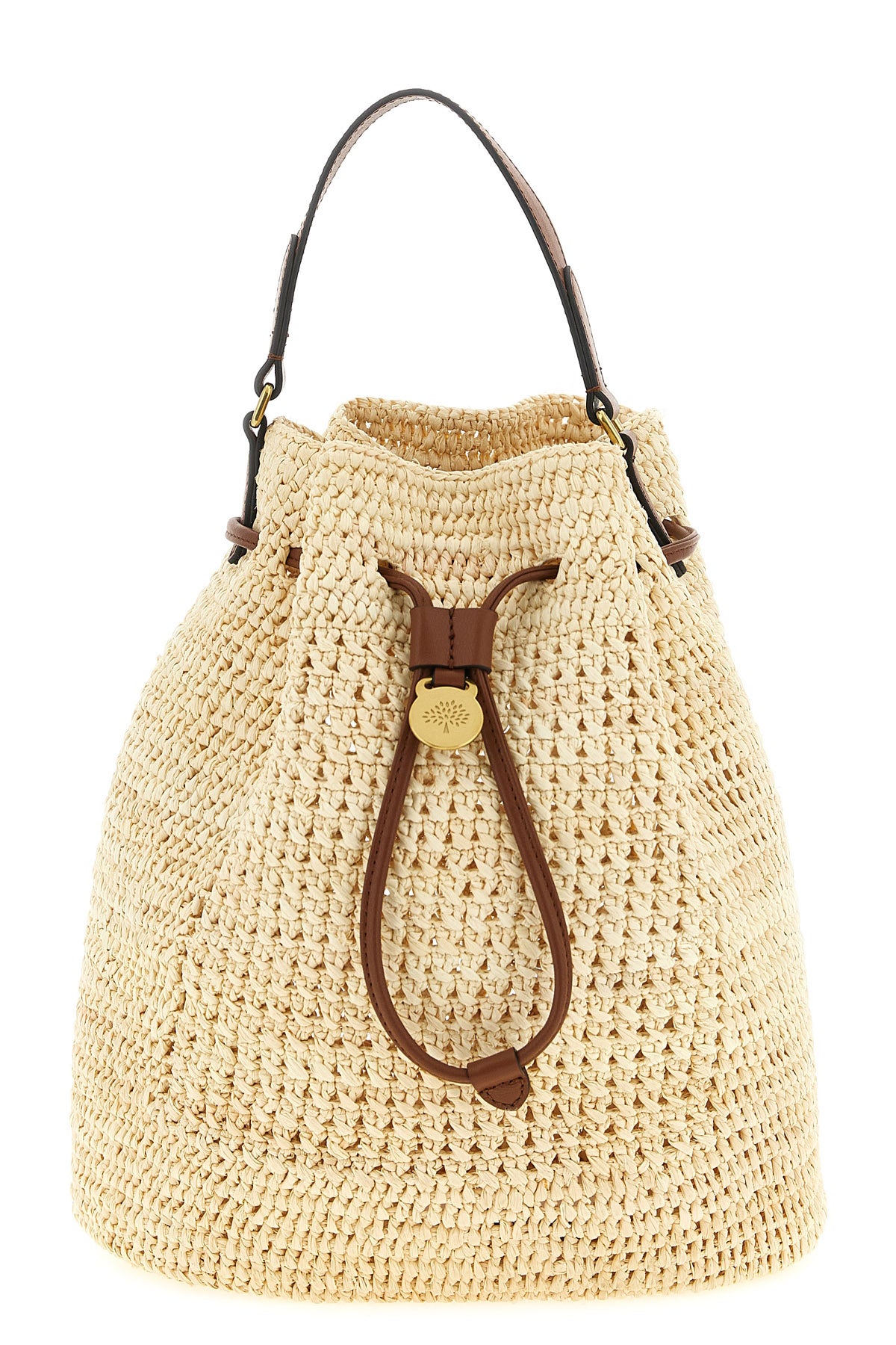 the mulberry bucket bag features a deconstructed silhouette made of crochet wove