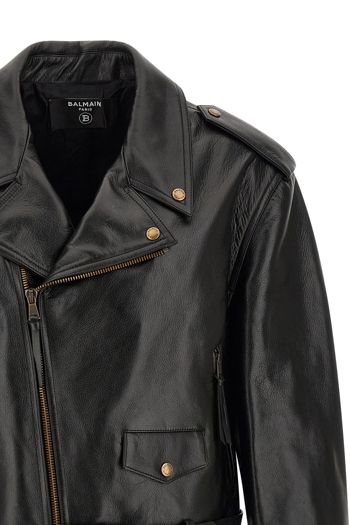 balmains biker jacket in black textured cowhide leather