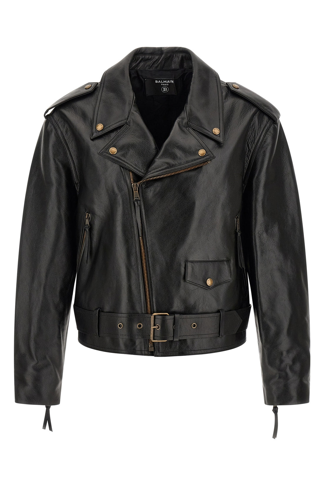 BALMAIN 50 balmains biker jacket in black textured cowhide leather