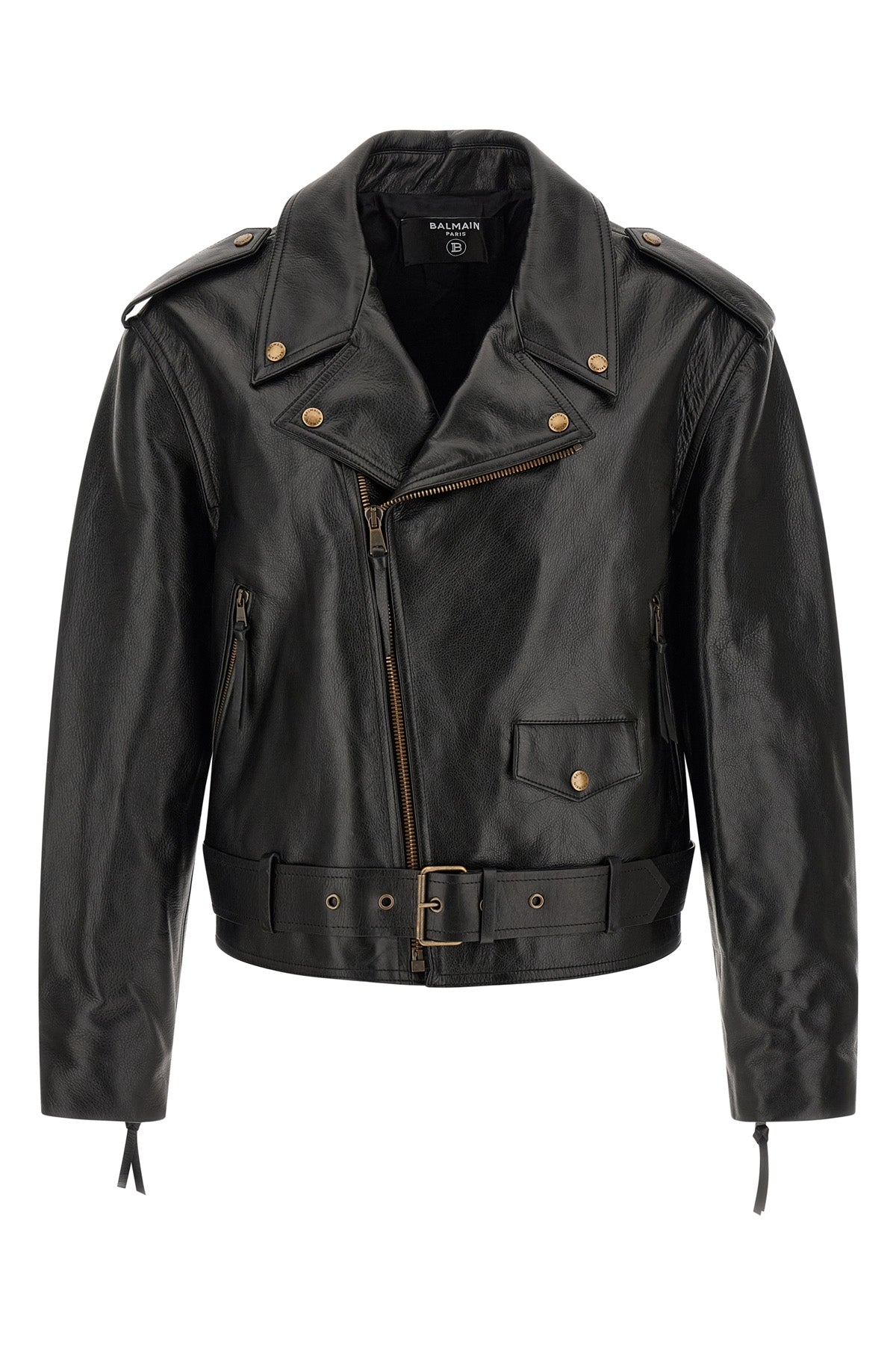 balmains biker jacket in black textured cowhide leather