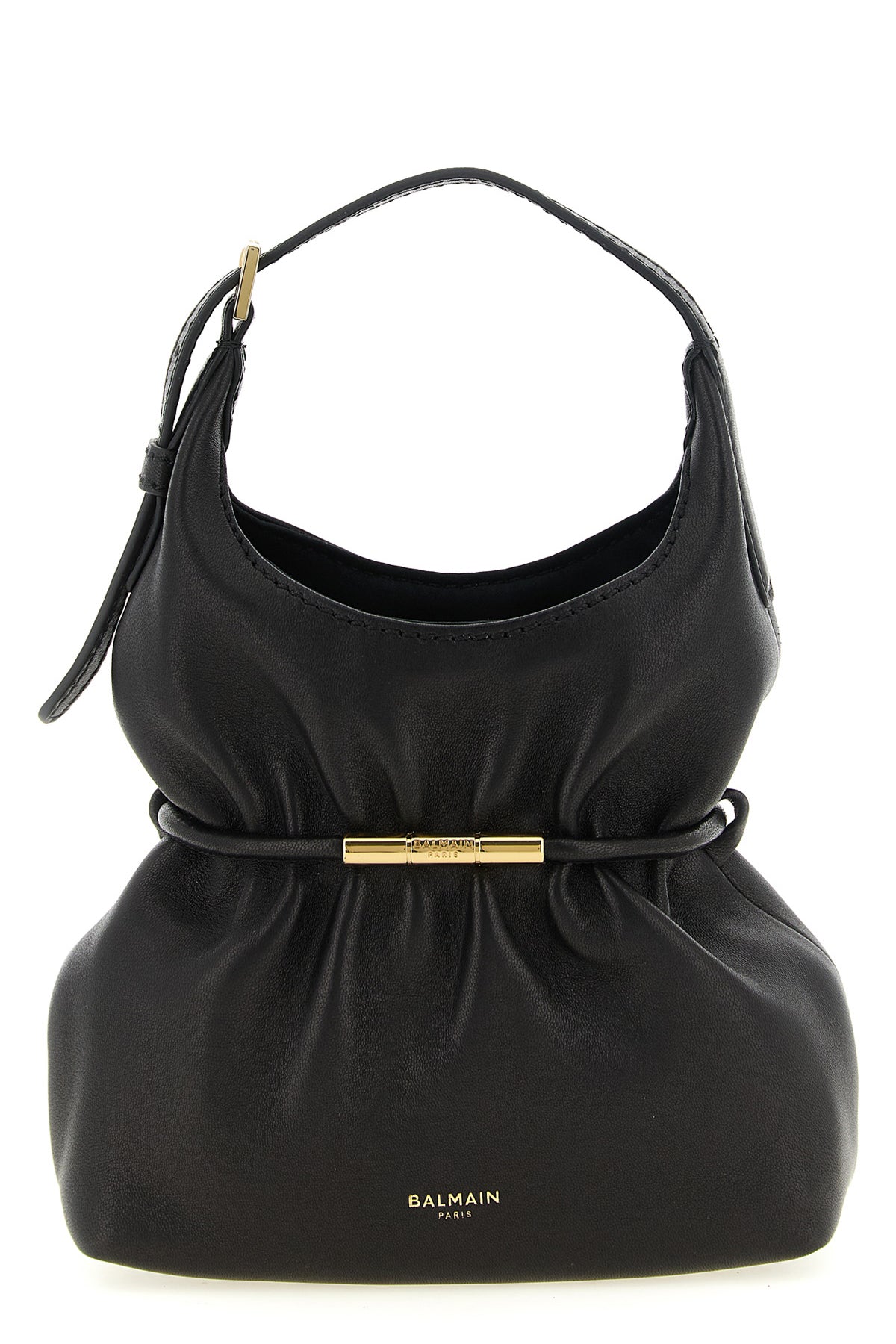 the balmain lambskin handbag redefines volumes through a sculptural and softly d