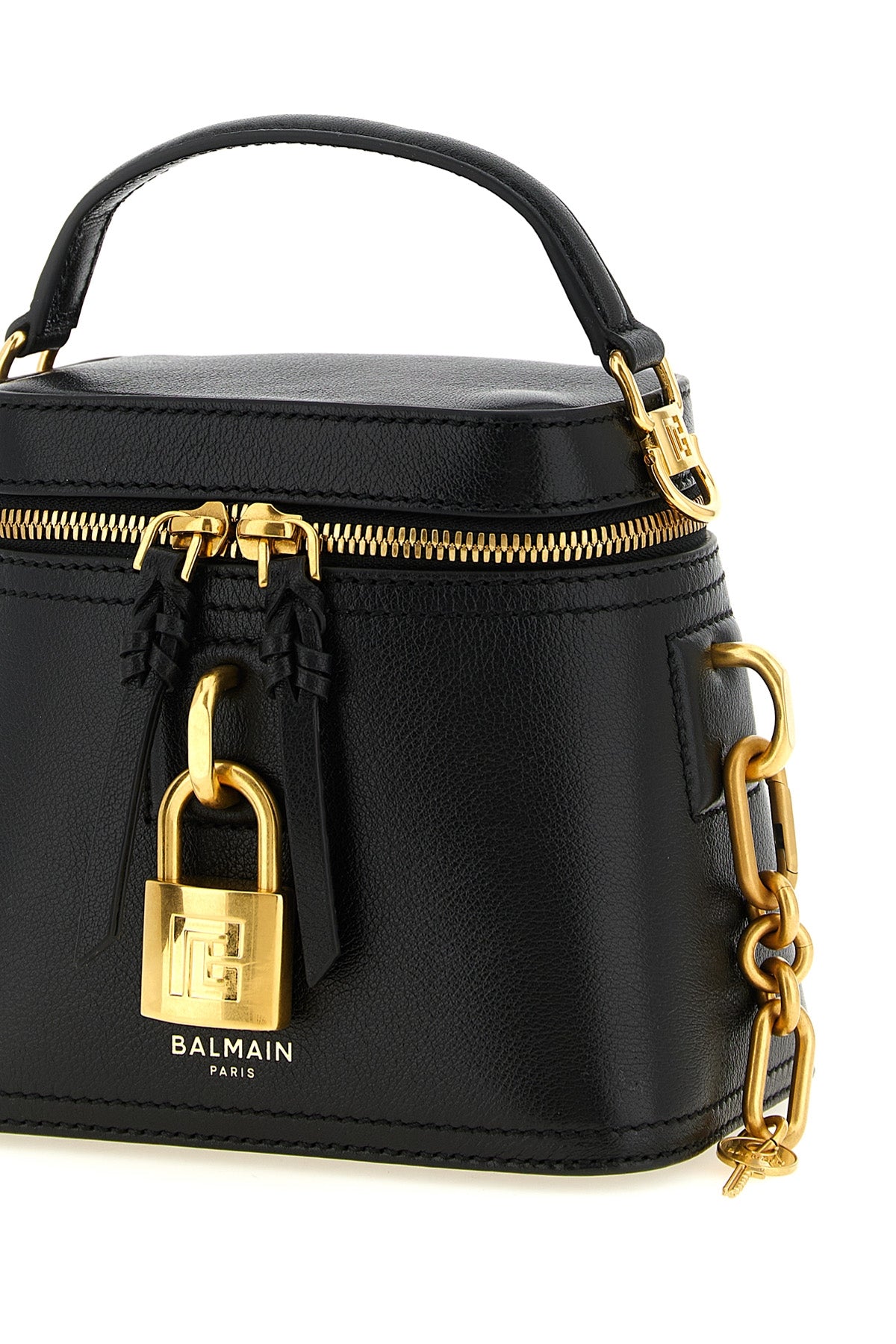 the balmain pulse vanity handbag is made of structured black buffalo leather