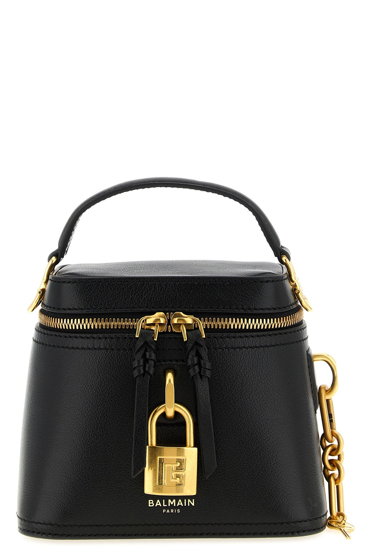 the balmain pulse vanity handbag is made of structured black buffalo leather