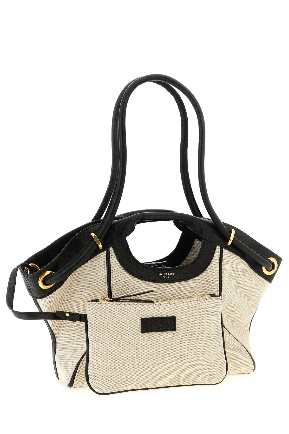 the balmain media tote shopping bag features a structured silhouette defined b