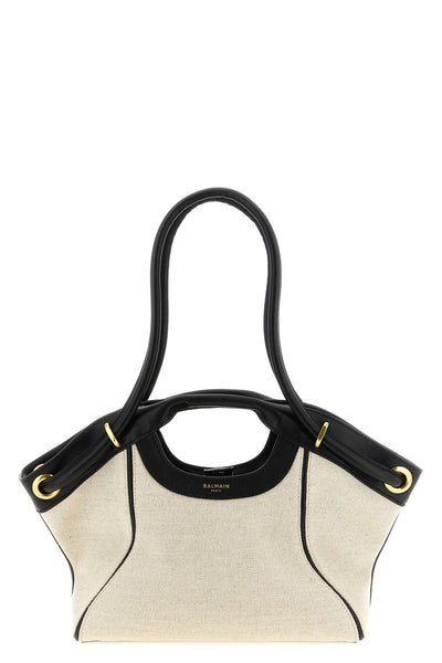 the balmain media tote shopping bag features a structured silhouette defined b