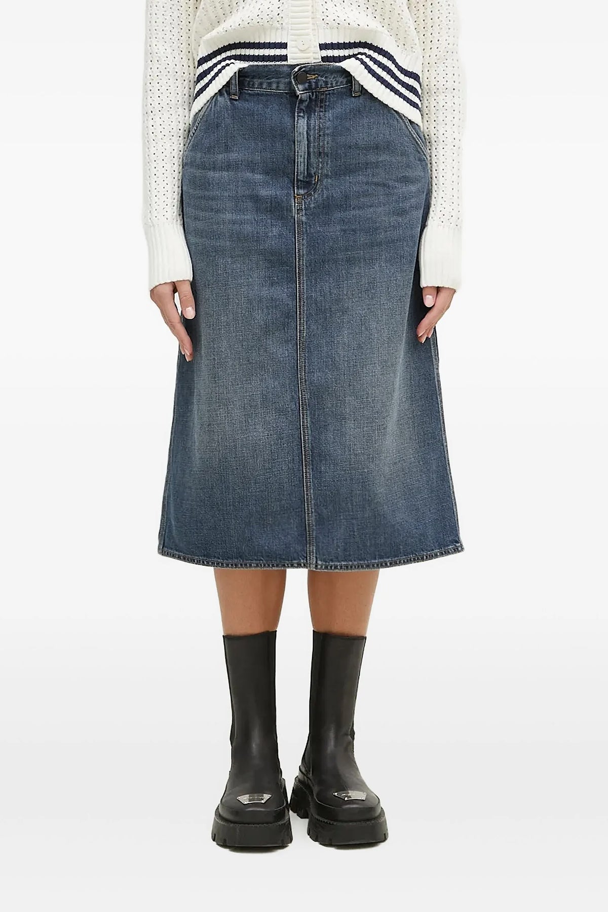 single knee midi skirt in heavy camano stonewashed cotton denim