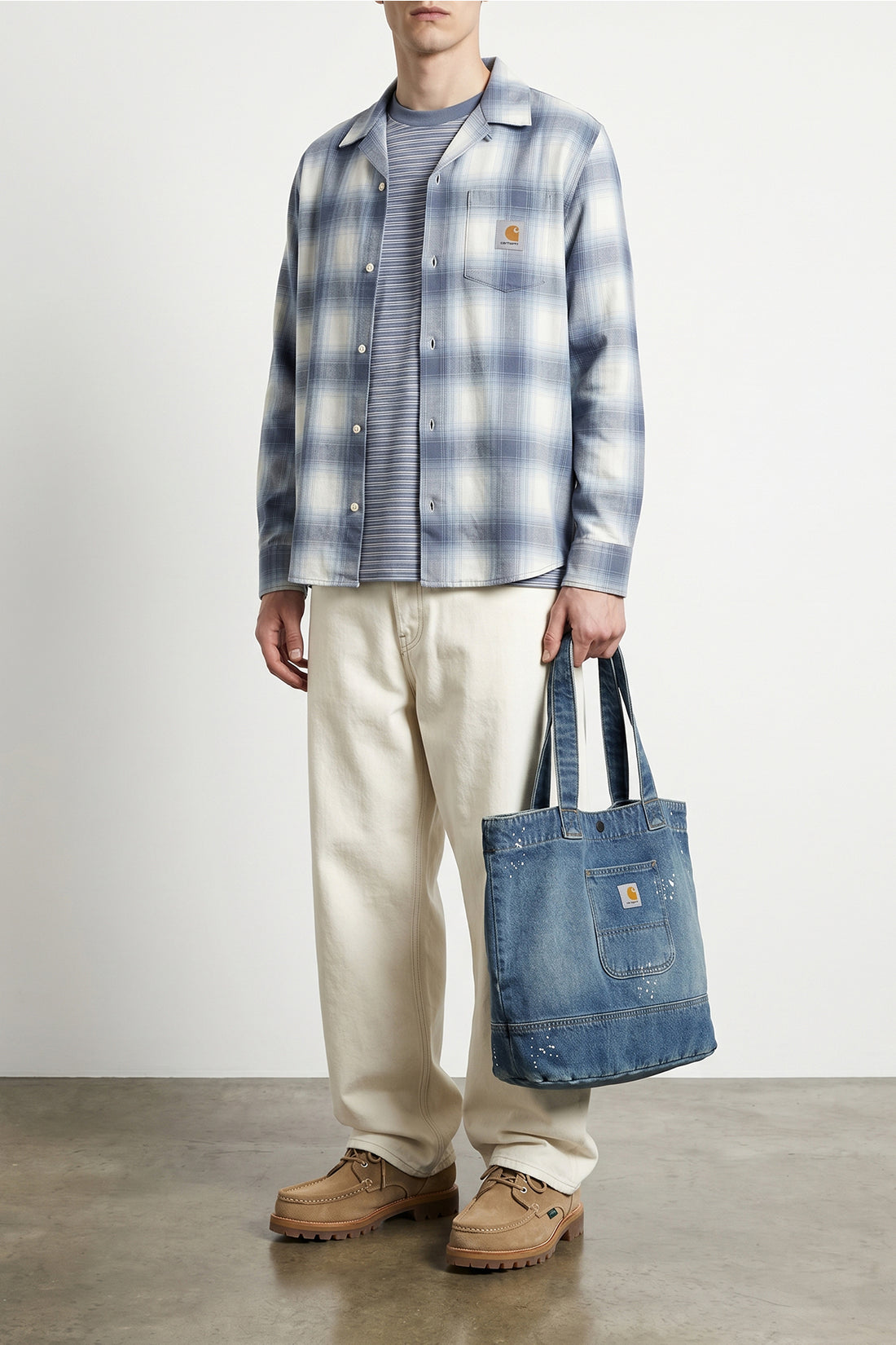 CARHARTT WIP OS denim tote shopping bag in heavy cotton denim subjected to destroyed and used-