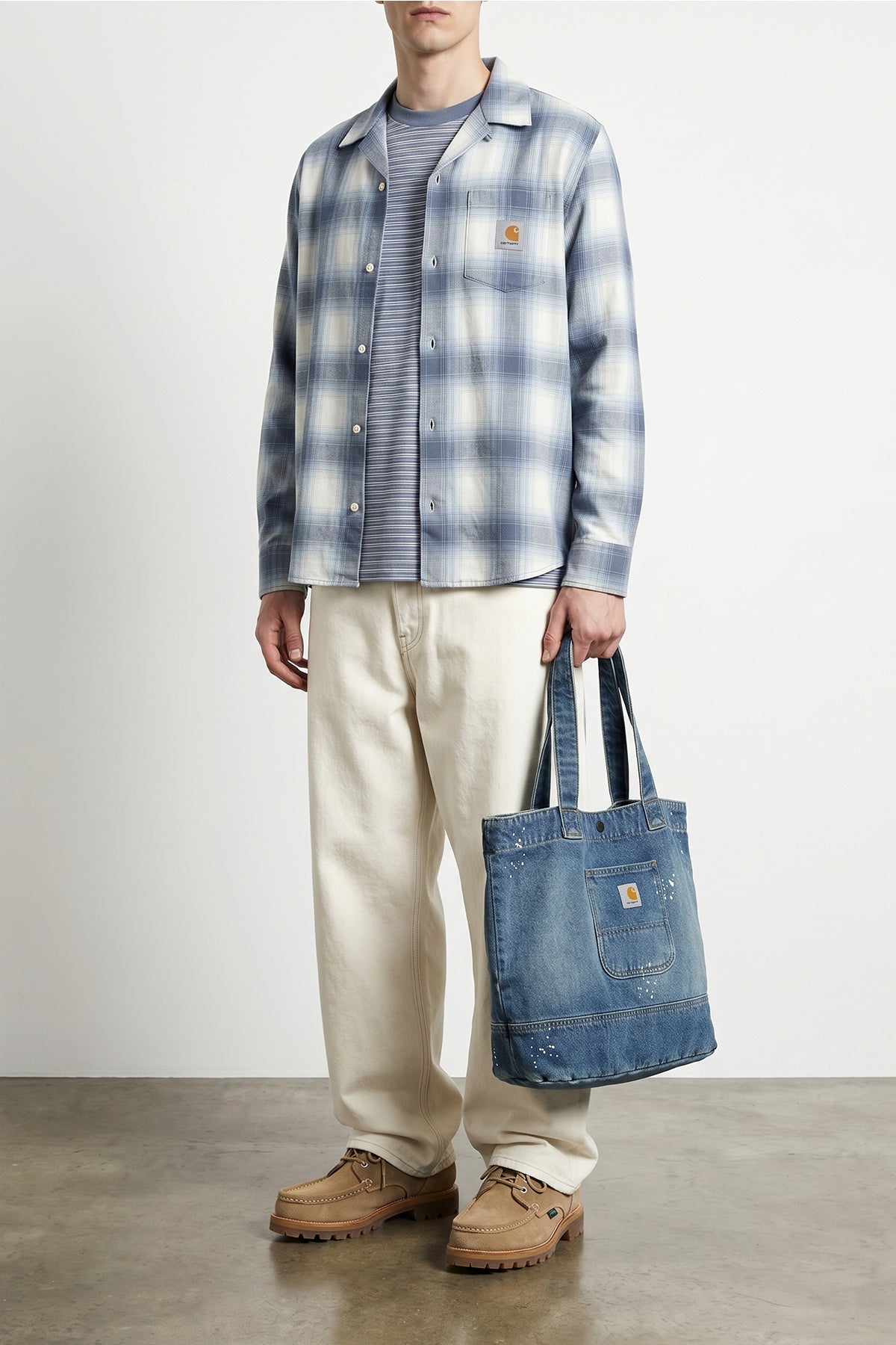 denim tote shopping bag in heavy cotton denim subjected to destroyed and used-