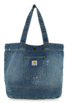 denim tote shopping bag in heavy cotton denim subjected to destroyed and used-