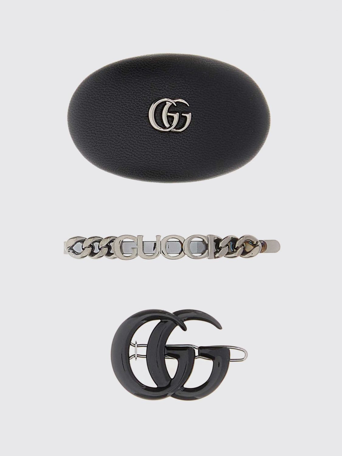 set of 3 metal and leather hair clips