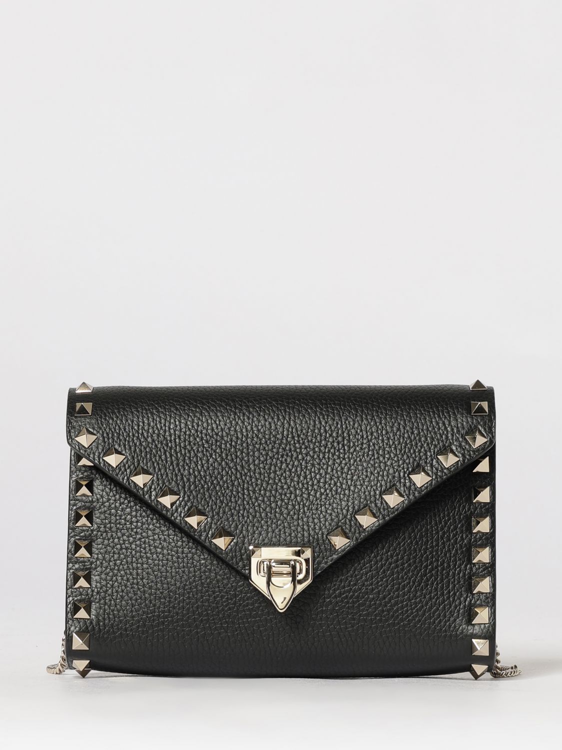 rockstud grained leather clutch