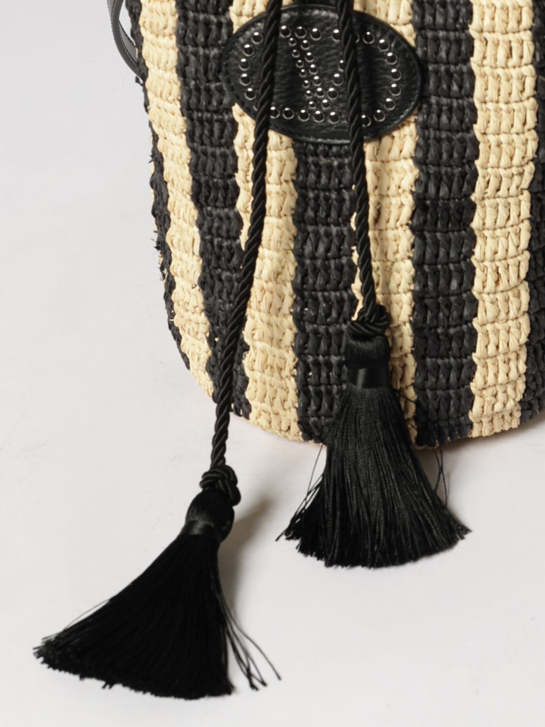 striped crochet raffia bucket bag