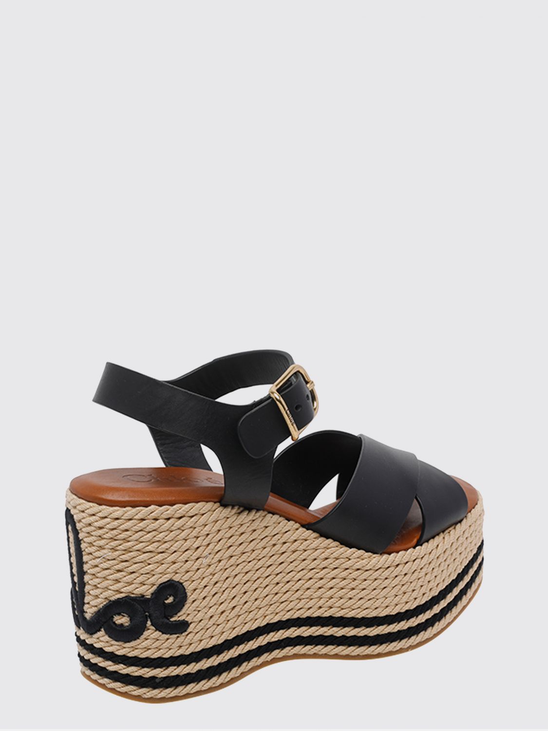 chloé high wedge sandals in calfskin leather with embroidered logo and strap
