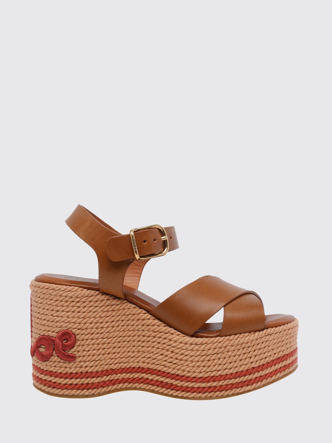 chloé high wedge sandals in calfskin leather with embroidered logo and strap